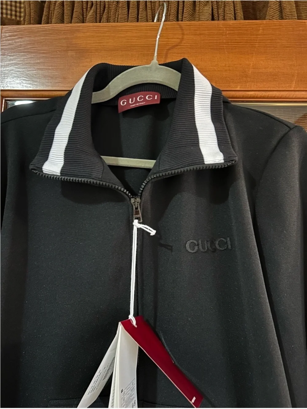 Men’s Gucci jersey technical, zip up jacket, web, trim, size medium, made Italy